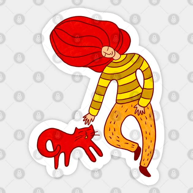 Cool girl with red hair and red cat walking, version 1 Sticker by iulistration